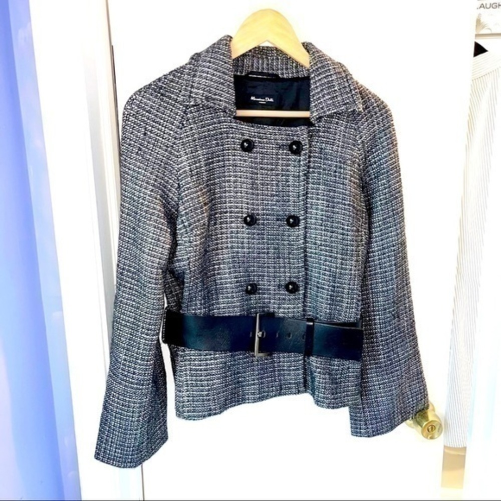 MASSIMO DUTTI WOOL BLEND BELTED BJACKET IN BLACK, GRAY, IVORY WITH SILVER THREAD